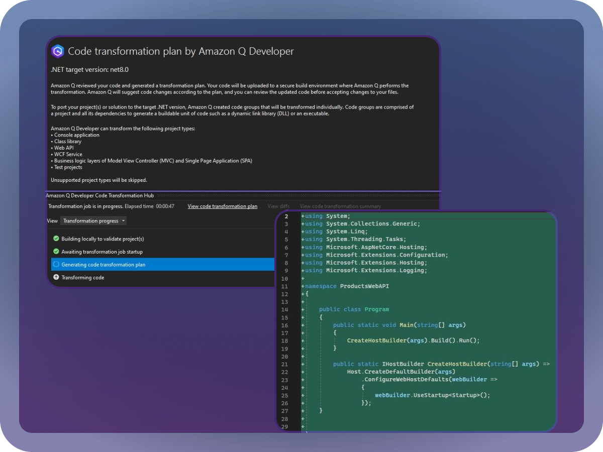"Interface of Amazon Q Developer showing a code transformation plan in progress, with a code snippet for a .NET application displayed on the right."