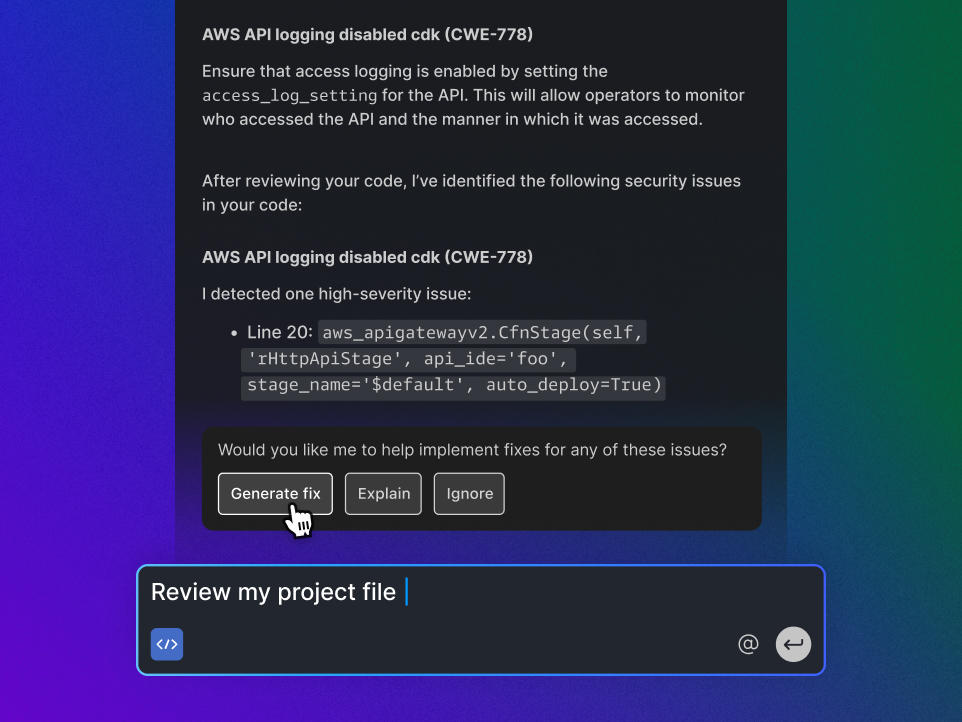 "Code review interface highlighting an AWS API logging issue with options to 'Generate fix,' 'Explain,' or 'Ignore,' and a text input field labeled 'Review my project file.'"