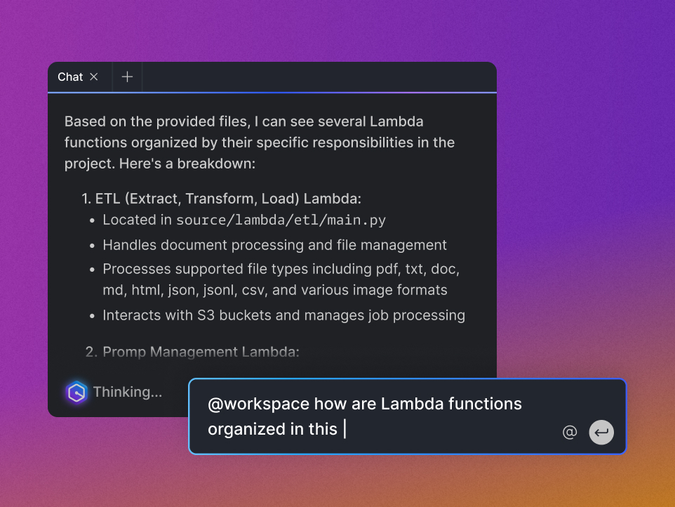 A chat interface displaying a breakdown of Lambda functions, including an ETL Lambda for document processing, over a purple-to-orange gradient background.