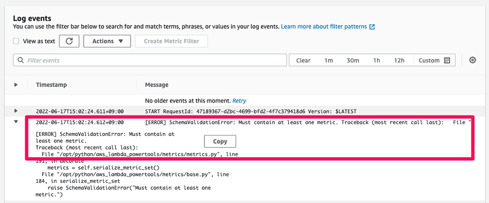 Screenshot showing an AWS CloudWatch log event with a SchemaValidationError from AWS Lambda Powertools Python, indicating that at least one metric must be provided. The error traceback and log message are highlighted in the interface.