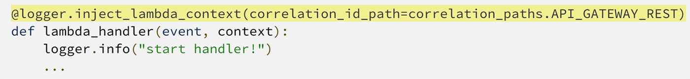 Screenshot of a Python code snippet using AWS Lambda Powertools for logging, showing use of the decorator '@logger.inject_lambda_context' and a basic lambda handler function with a logger.info statement.