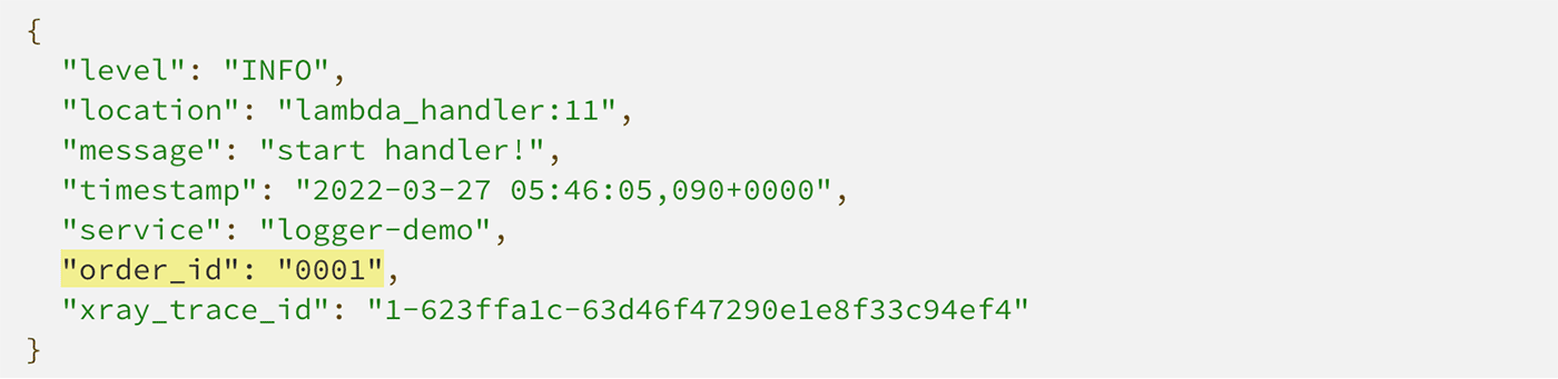 A sample JSON log output generated by AWS Lambda Powertools for Python 3.11, showing log level, handler location, service name, message, timestamp, order ID, and X-Ray trace ID.