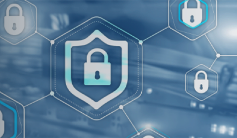 Digital illustration of interconnected padlock icons with a shield symbol, representing cybersecurity.