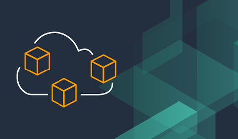 Illustration of three orange cubes connected by a cloud outline on a dark background with geometric teal shapes.