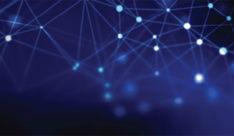 Abstract network of glowing blue nodes and connecting lines on a dark background.