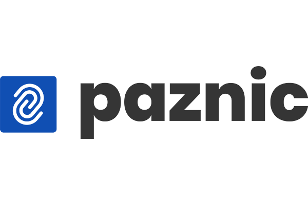 Paznic logo featuring a bold blue icon on the left and black text on the right on a white background.