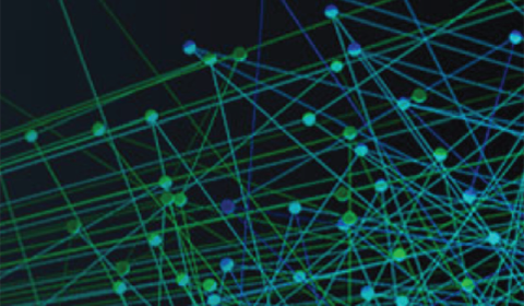 A network of interconnected green and blue lines with glowing nodes on a dark background.