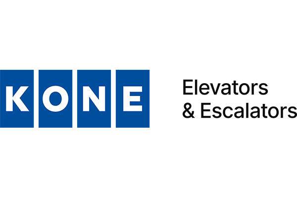 KONE company logo featuring white text on a blue and black rectangular background.