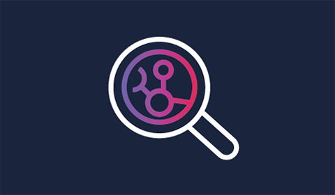 Magnifying glass icon with a network-like structure inside, on a dark blue background.