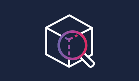 Outlined cube with a magnifying glass showing dashed lines inside, on a dark blue background.