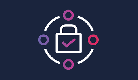 A padlock with a checkmark inside, surrounded by a circular design with four colored dots on a dark blue background.