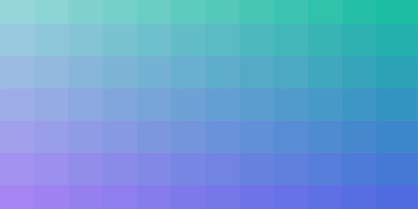 Color gradient chart showing systematic transitions across blue, cyan, and purple hues arranged in grid pattern from light to dark values.