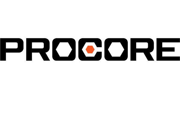 Procore logo with stylized black letters and a hexagonal orange shape inside the letter C on a white background.