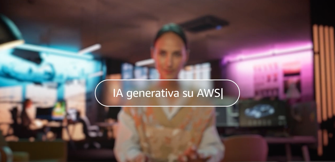 Thumbnail image for a video titled 'IA generativa su AWS', featuring a blurred background with a person in the foreground, set in a modern, tech-focused environment with neon lighting.