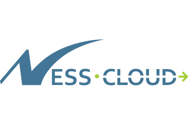 NESS Cloud logo with stylized blue text and a green arrow