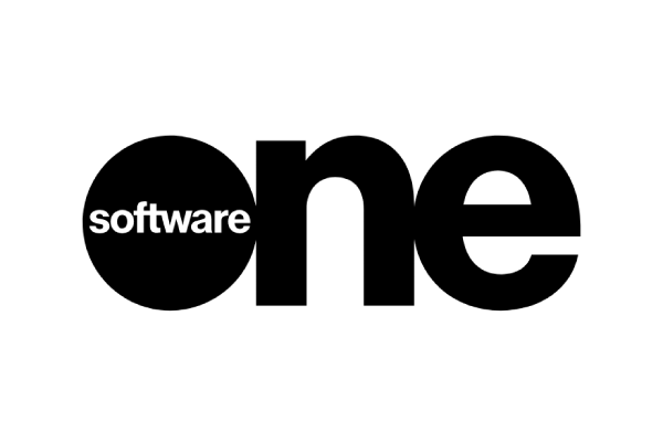 The black and white logo of SoftwareONE, featuring the word 'software' inside a large stylized 'one' on a white background.