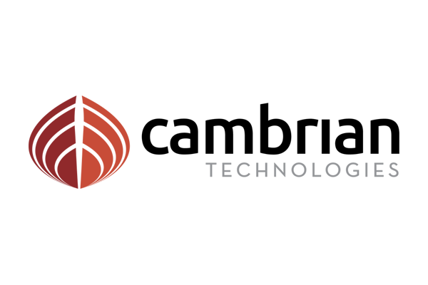 Logo of Cambrian Technologies featuring a red, stylized leaf-like design next to the company name in black and gray text.