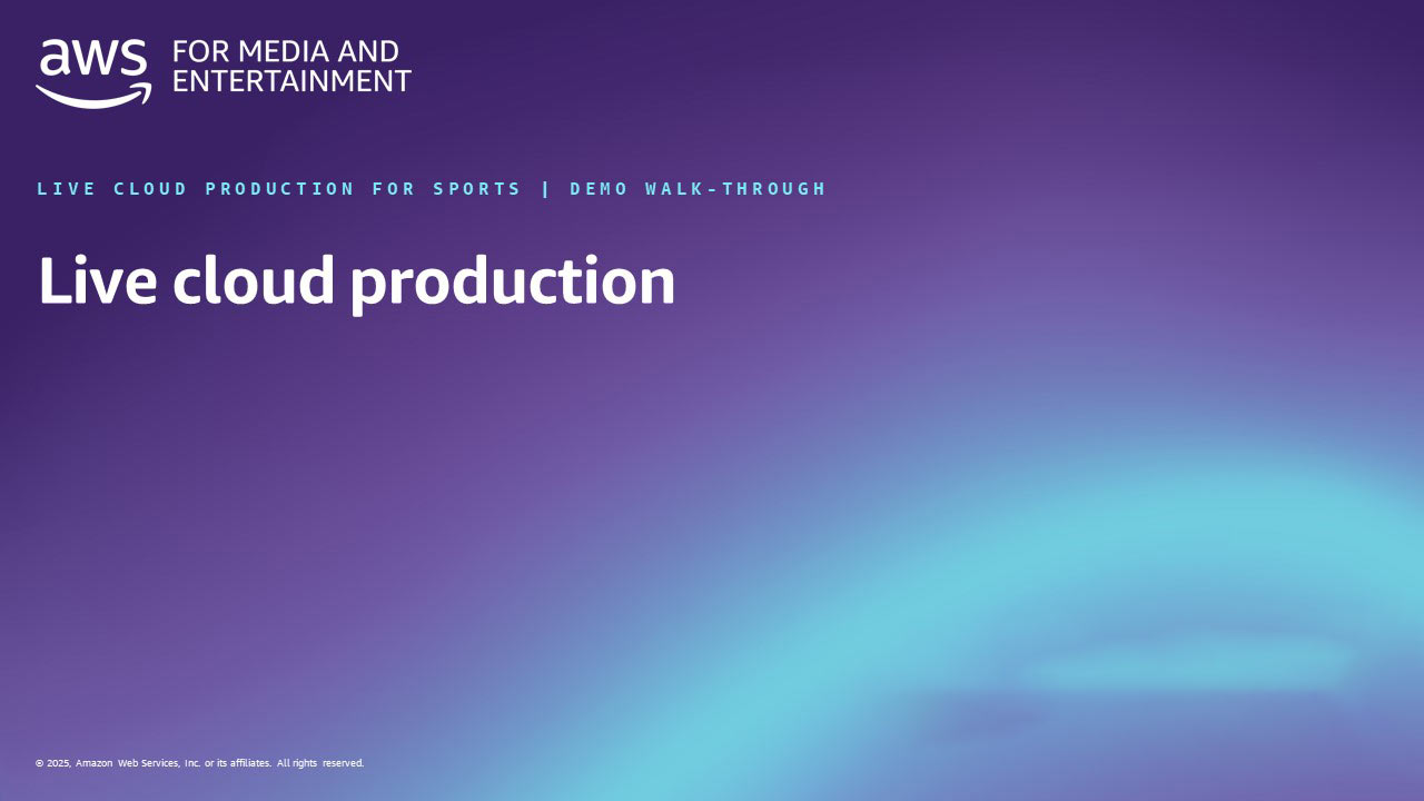 Title slide for 'Live cloud production,' a demo walkthrough by AWS for Media and Entertainment, focused on live cloud production for sports. Background features a purple and blue gradient with the AWS logo.