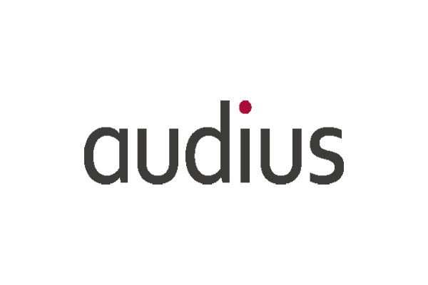 The audius logo displayed with black lowercase letters and a red dot above the letter 'i', on a white background.