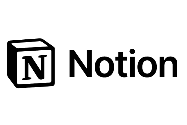 Black and white Notion logo with a cube design and the word 'Notion' in bold text.