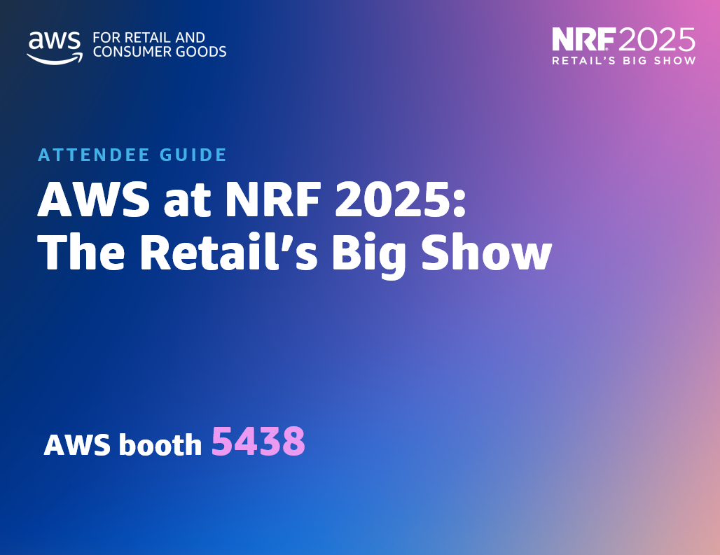 AWS for Retail and Consumer Goods promotional graphic for the NRF 2025 Retail’s Big Show, featuring attendee guide information and AWS booth 5438 details.