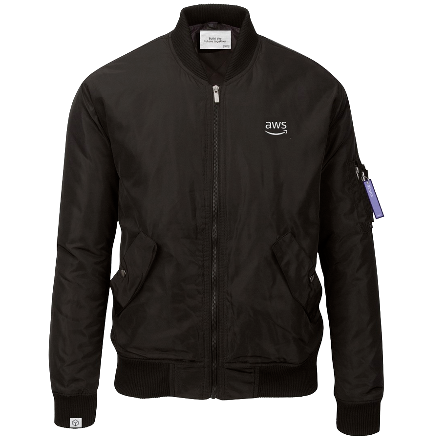 Front view of a black bomber jacket featuring the AWS logo on the chest.