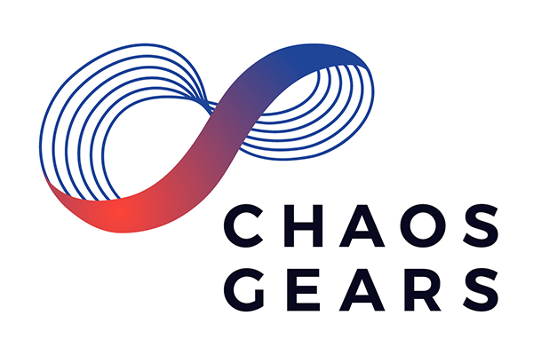 Infinity-shaped logo with gradient red-to-blue lines above the text "CHAOS GEARS" in bold black letters.
