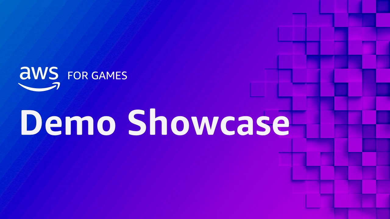 AWS for Games Demo Showcase promotional image with a blue and purple gradient background, 3D pixelated design, and 'Demo Showcase' text.