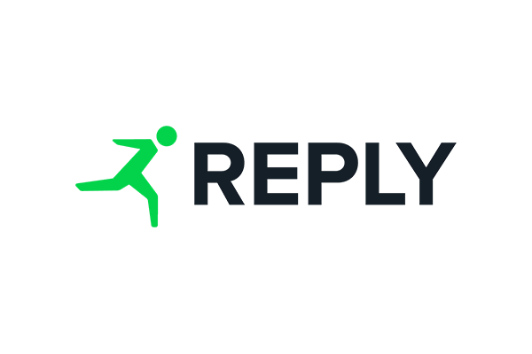 Logo for Reply featuring a stylized green figure and the word 'REPLY' in bold letters.