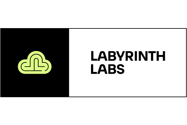 A graphic featuring a lime green cloud-shaped labyrinth icon on a black background, alongside the text 'Labyrinth Labs' in bold within a white rectangle.