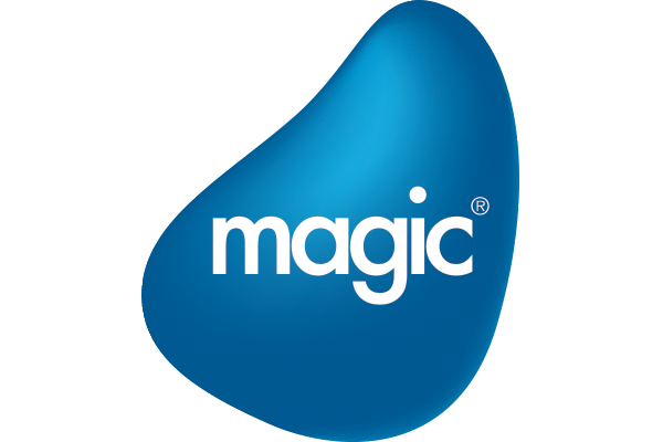 Logo of Magic Software featuring the word 'magic' in white text on a blue, bean-shaped background.