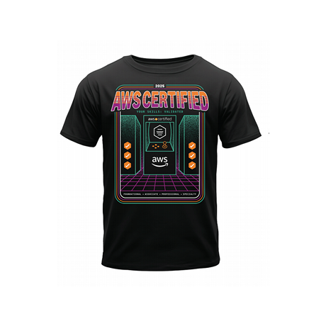 A 2025 AWS Certified retro-themed black t-shirt featuring a colorful 'AWS Certified' graphic and certification icons on the front.