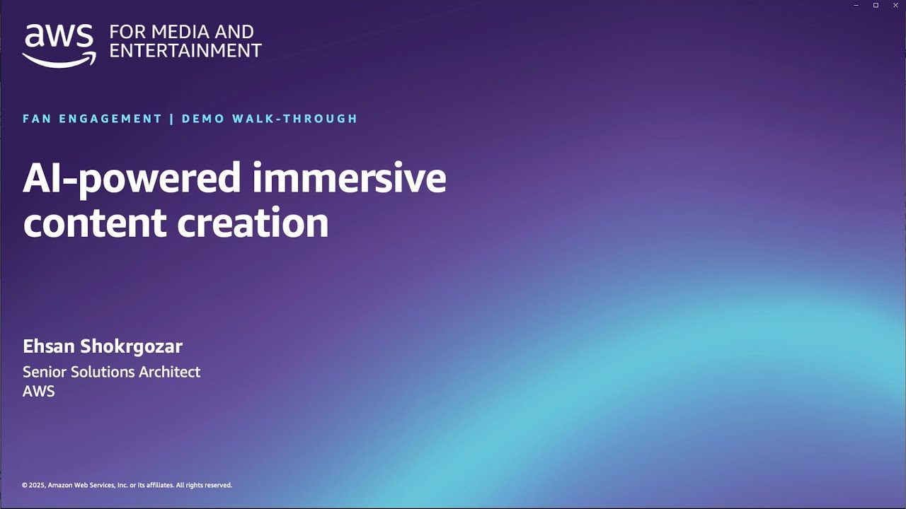 Slide titled 'AI-powered immersive content creation' for AWS for Media and Entertainment, with presenter Ehsan Shokrgozar, Senior Solutions Architect at AWS. The design features a blue and purple gradient background.