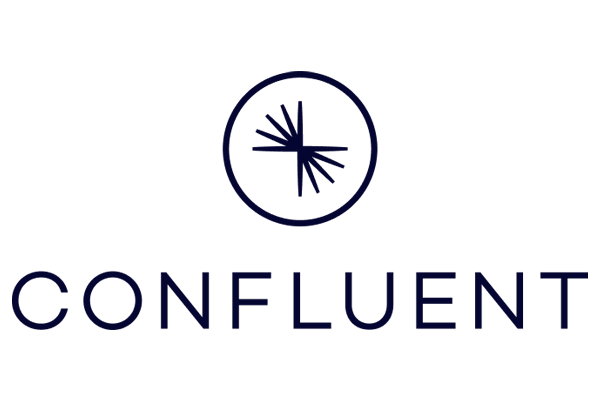 Confluent logo featuring a circular icon with radiating lines and the word 'CONFLUENT' below it.