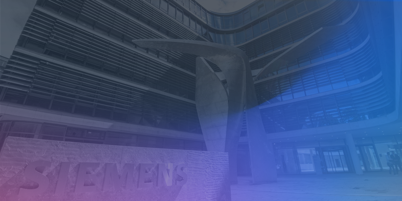 Exterior view of Siemens headquarters building, featuring a prominent sculpture and a colorful gradient overlay.
