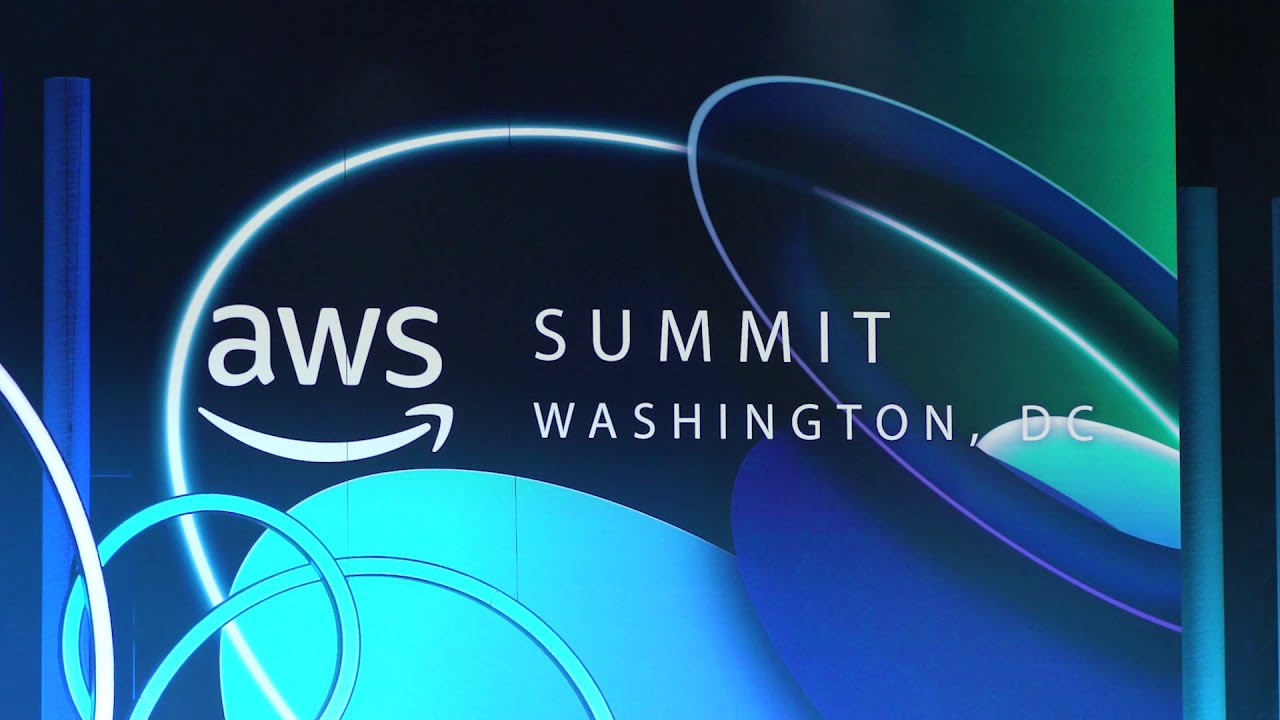 YouTube thumbnail image featuring the AWS Summit Washington, DC logo with abstract blue and green graphic background.