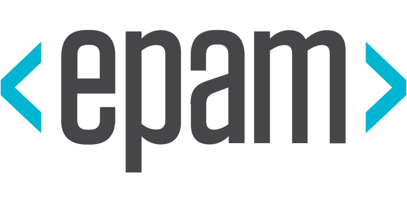 "EPAM logo with the word 'epam' in bold gray letters, flanked by blue angle brackets on both sides."