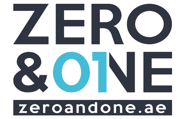 Logo for ZERO & ONE with stylized text and the website URL zeroandone.ae displayed prominently.