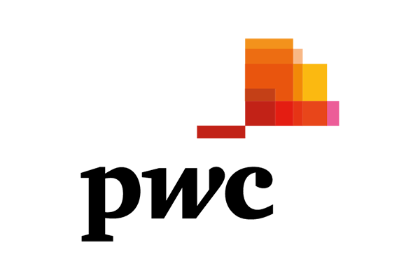 The logo of PwC (PricewaterhouseCoopers), featuring geometric shapes in shades of orange, red, and yellow above the black 'pwc' wordmark on a white background.