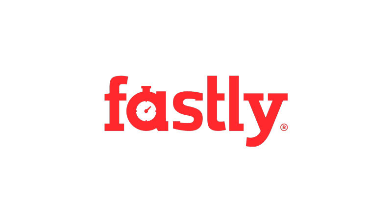 The Fastly company logo in red, displayed for the NRF 2025 event. The logo features the word 'fastly' with a stylized speedometer inside the letter 'a'.