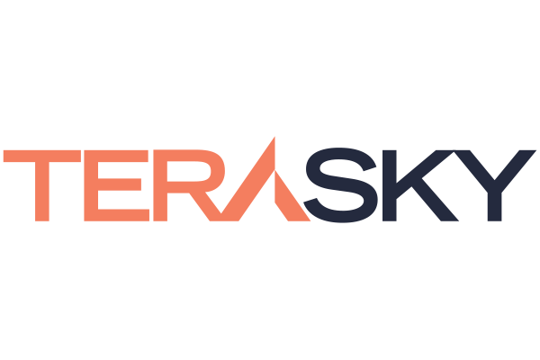 Logo for TERASKY, with stylized capital letters in orange and dark blue.