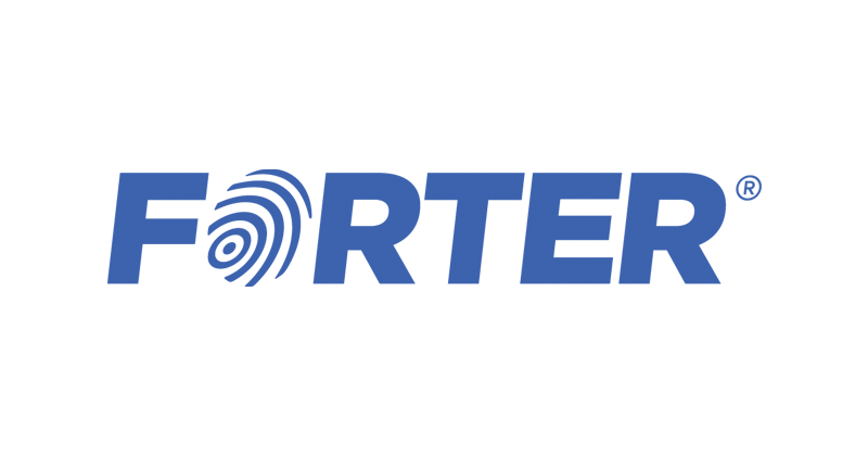 Forter logo displayed as a sponsor for NRF 2025, featuring blue text and a fingerprint design in the letter 'O' on a white background.