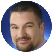 A person in a circular frame with a blue background.2