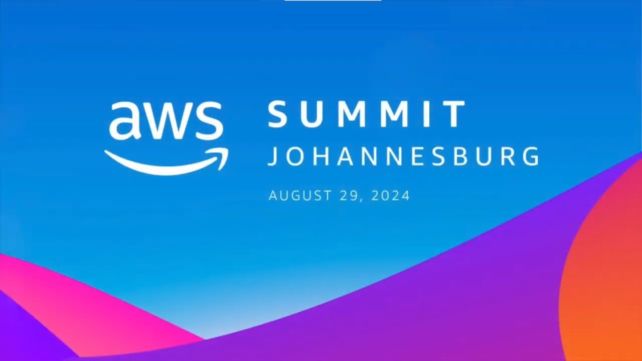 AWS Summit Johannesburg, August 29, 2024, displayed on a blue background with pink and orange abstract shapes.