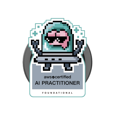 A pixel art style illustration of an AWS Certified AI Practitioner badge on a phone grip. The design features a cute character in pixelated style with the text 'aws certified AI PRACTITIONER' and 'FOUNDATIONAL' on a white circular background.