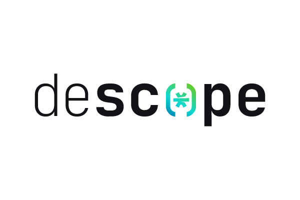Descope company logo with stylized text and green-blue shield icon replacing the letter 'o'.