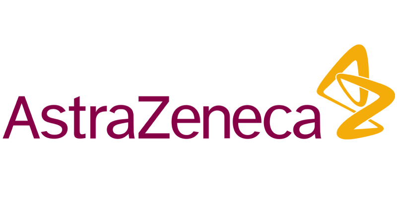 AstraZeneca logo with maroon text and a yellow abstract symbol.
