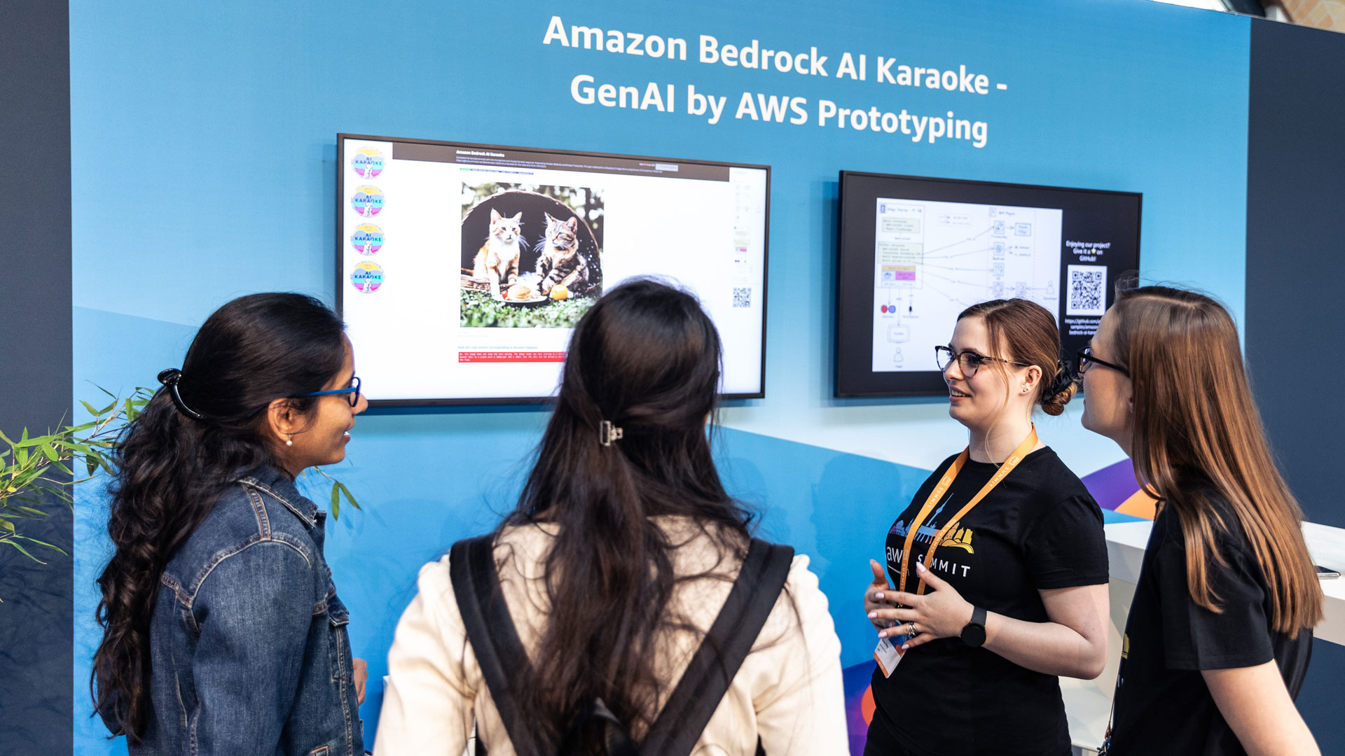 A group of people standing in front of a display showcasing "Amazon Bedrock AI Karaoke - GenAI by AWS Prototyping," with screens showing a cat image and a diagram.