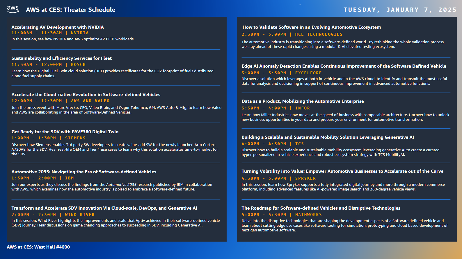 Theater schedule for AWS at CES 2025 on Tuesday, January 7, showing a detailed agenda including sessions on software-defined vehicles, automotive AI, generative AI, cloud-scale DevOps, and innovations from partners such as NVIDIA, Bosch, Siemens, IBM, Wind River, HCL Technologies, ExcelFore, Infor, TCS, Spryker, and MathWorks.
