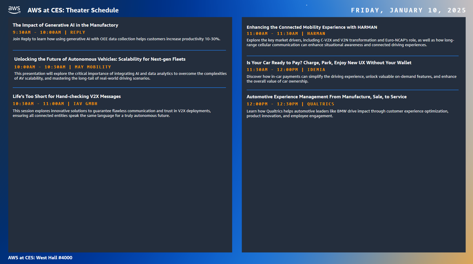 Theater schedule for AWS at CES 2025 on Friday, January 10, 2025. Sessions include topics on generative AI in manufacturing, autonomous vehicle scalability, V2X message automation, connected mobility, in-car payments, and experience management for the automotive industry. Location: West Hall #4000.